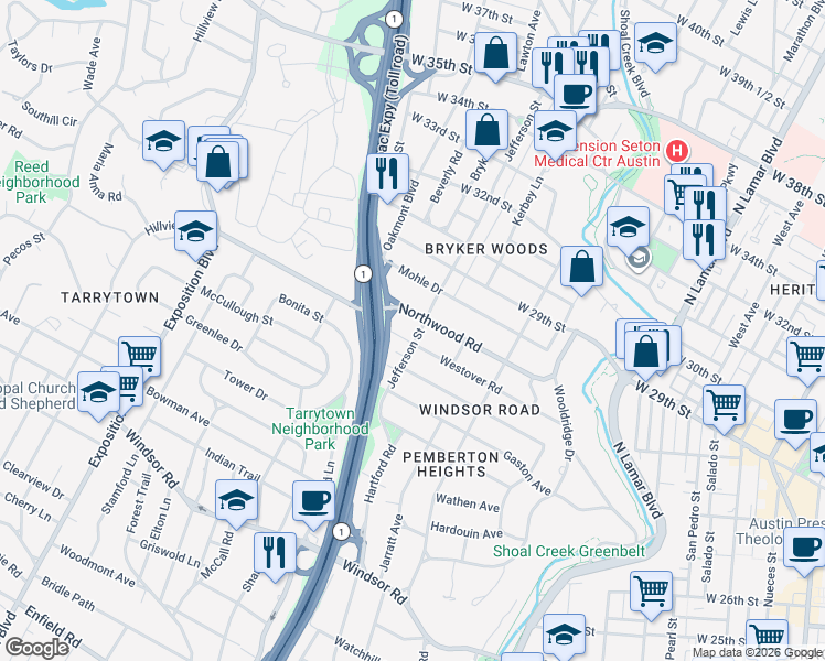 map of restaurants, bars, coffee shops, grocery stores, and more near 1701 Northwood Road in Austin