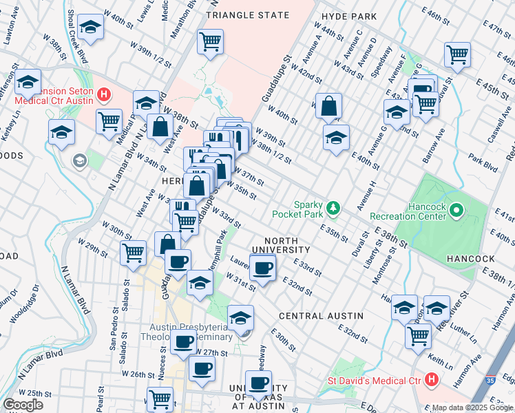 map of restaurants, bars, coffee shops, grocery stores, and more near 305 West 35th Street in Austin
