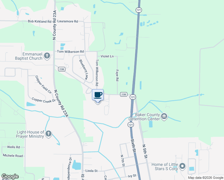 map of restaurants, bars, coffee shops, grocery stores, and more near 11716 Faye Road in Macclenny