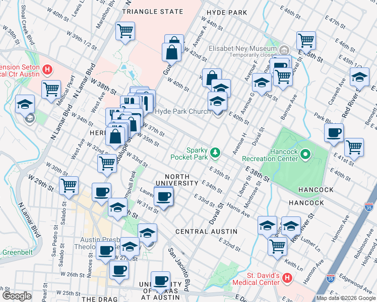 map of restaurants, bars, coffee shops, grocery stores, and more near 3506 Speedway in Austin