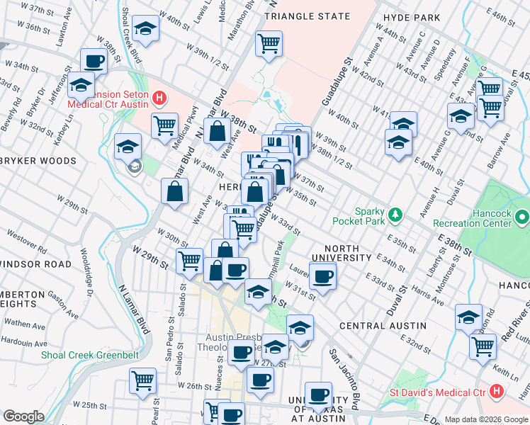map of restaurants, bars, coffee shops, grocery stores, and more near Guadalupe St & W 33rd St in Austin