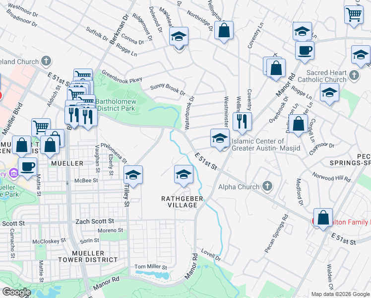 map of restaurants, bars, coffee shops, grocery stores, and more near 2215 East 51st Street in Austin