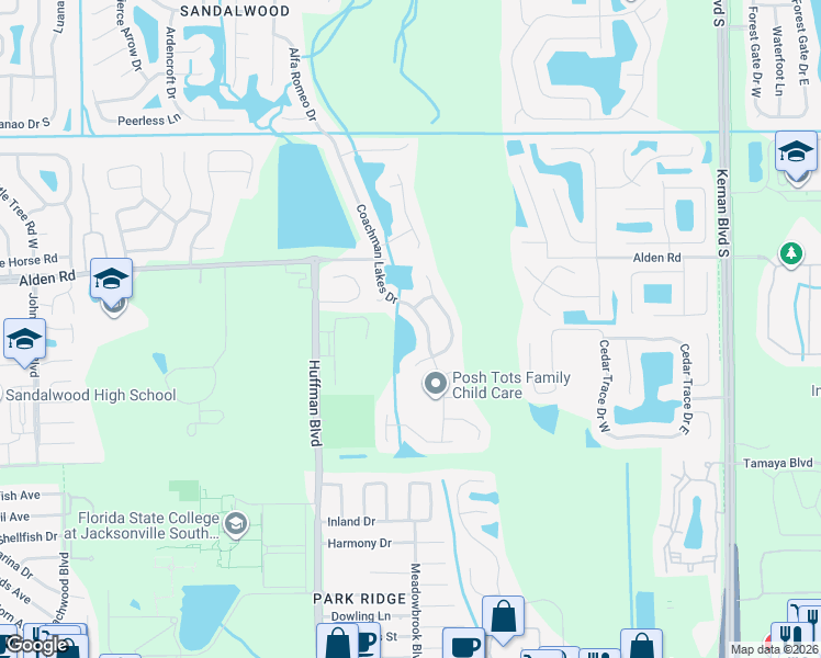 map of restaurants, bars, coffee shops, grocery stores, and more near 2704 Coachman Lakes Drive in Jacksonville