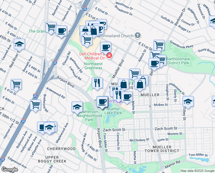 map of restaurants, bars, coffee shops, grocery stores, and more near 4655 Mueller Boulevard in Austin