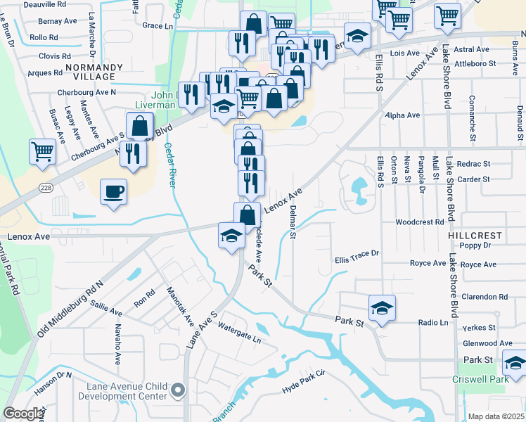 map of restaurants, bars, coffee shops, grocery stores, and more near 5929 Lenox Avenue in Jacksonville