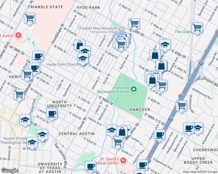 map of restaurants, bars, coffee shops, grocery stores, and more near 507 East 39th Street in Austin