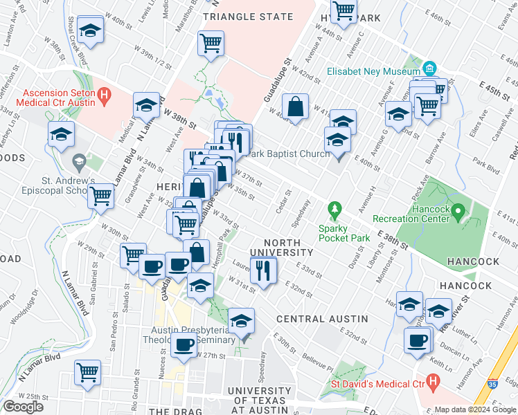 map of restaurants, bars, coffee shops, grocery stores, and more near 311 West 35th Street in Austin
