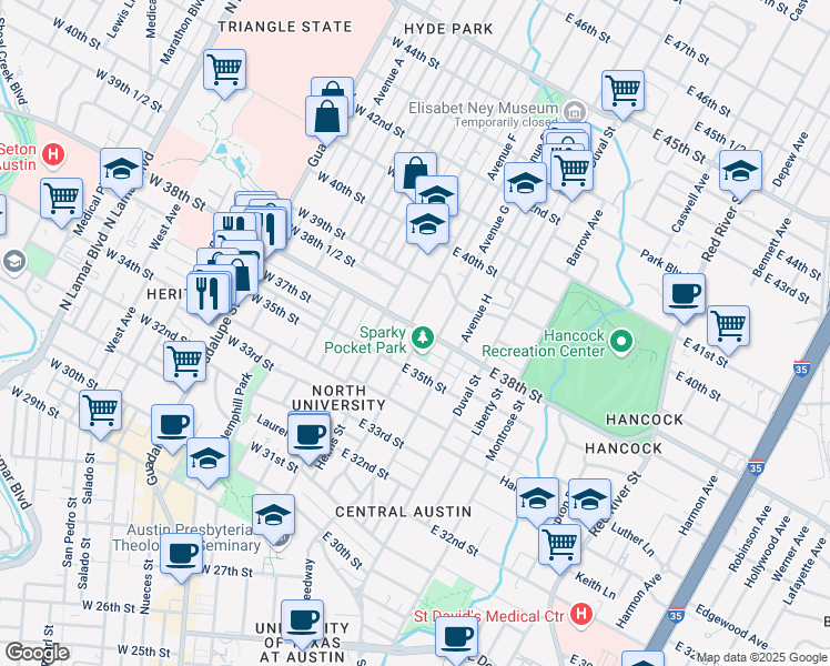 map of restaurants, bars, coffee shops, grocery stores, and more near 209 East 38th Street in Austin