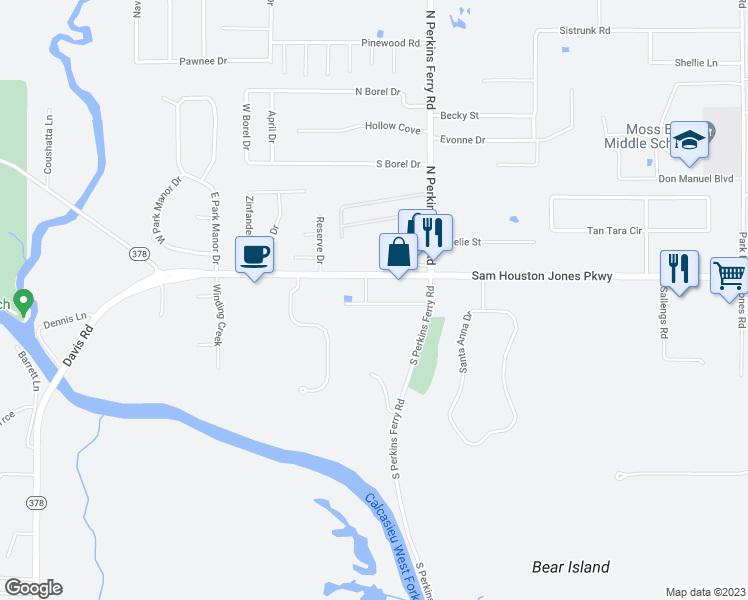 map of restaurants, bars, coffee shops, grocery stores, and more near 2019 Sam Houston Jones Parkway in Lake Charles
