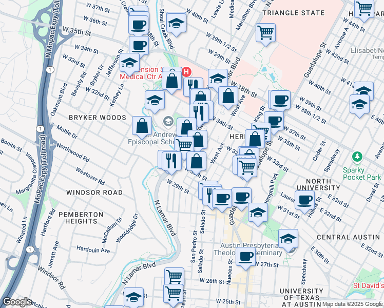 map of restaurants, bars, coffee shops, grocery stores, and more near 3027 North Lamar Boulevard in Austin