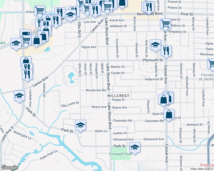 map of restaurants, bars, coffee shops, grocery stores, and more near 1274 Lake Shore Boulevard in Jacksonville