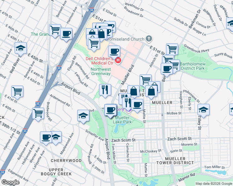 map of restaurants, bars, coffee shops, grocery stores, and more near 4646 Mueller Boulevard in Austin