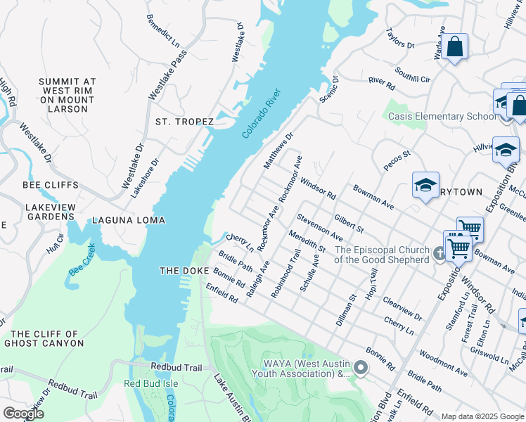 map of restaurants, bars, coffee shops, grocery stores, and more near 3706 Meredith Street in Austin