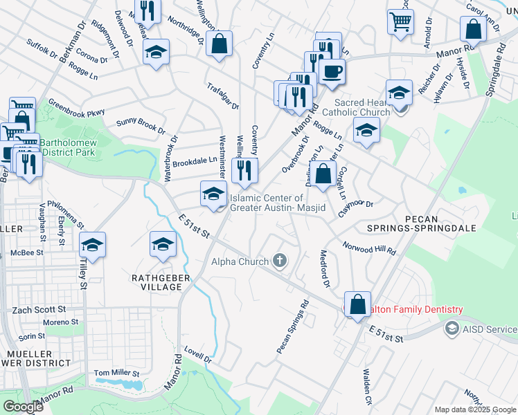 map of restaurants, bars, coffee shops, grocery stores, and more near 5303 Overbrook Drive in Austin