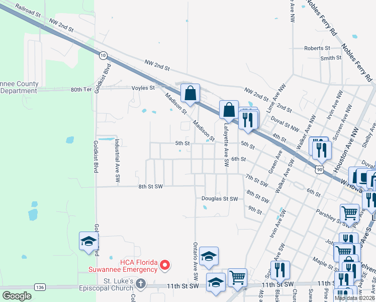 map of restaurants, bars, coffee shops, grocery stores, and more near 210 Horne Avenue Southwest in Live Oak