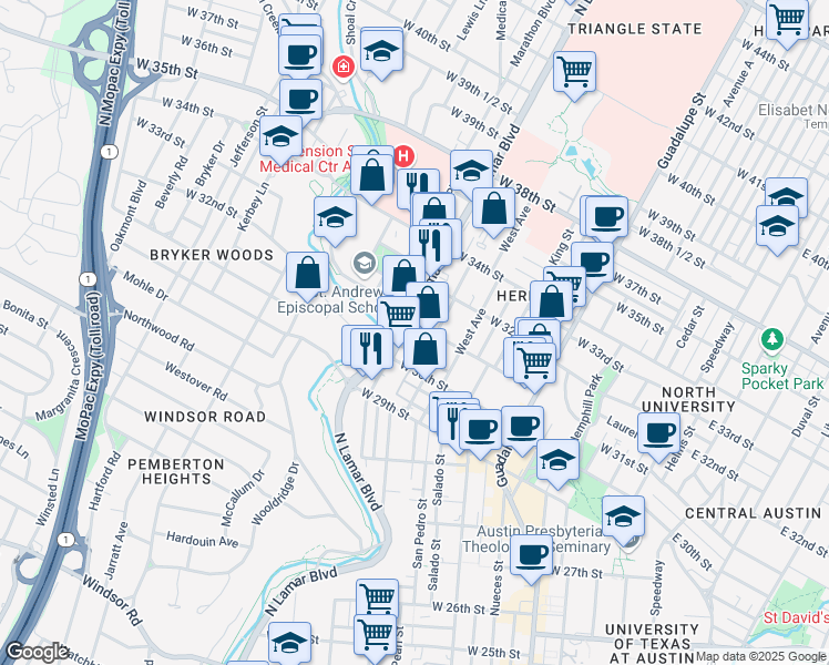map of restaurants, bars, coffee shops, grocery stores, and more near 3027 North Lamar Boulevard in Austin