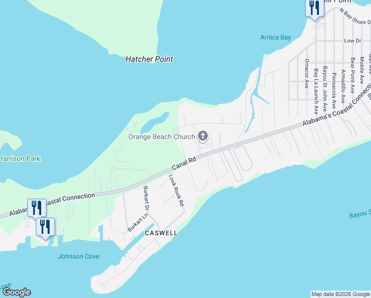 map of restaurants, bars, coffee shops, grocery stores, and more near 5142 Sampson Avenue in Orange Beach