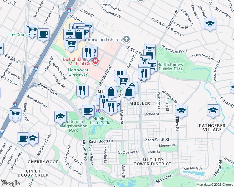 map of restaurants, bars, coffee shops, grocery stores, and more near 1911 Philomena Street in Austin