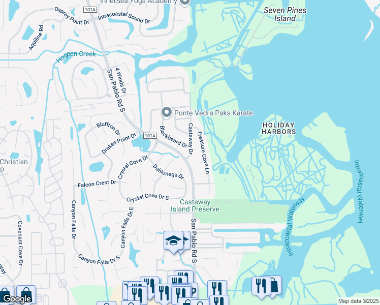map of restaurants, bars, coffee shops, grocery stores, and more near 2492 Castaway Drive in Jacksonville