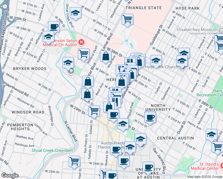 map of restaurants, bars, coffee shops, grocery stores, and more near West 32nd Street in Austin