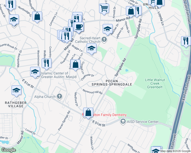 map of restaurants, bars, coffee shops, grocery stores, and more near 5509 Claymoor Drive in Austin