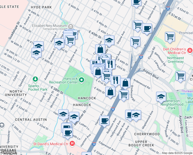 map of restaurants, bars, coffee shops, grocery stores, and more near 4137 Red River Street in Austin