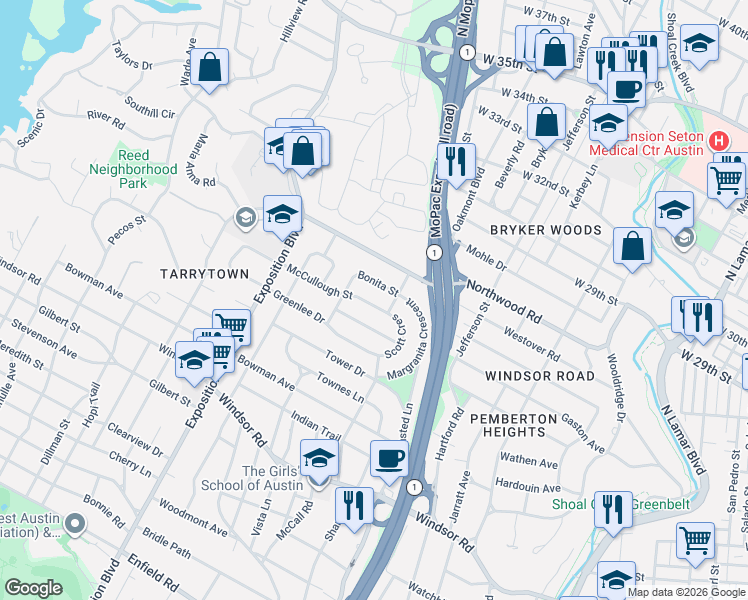 map of restaurants, bars, coffee shops, grocery stores, and more near 2204 McCullough Street in Austin