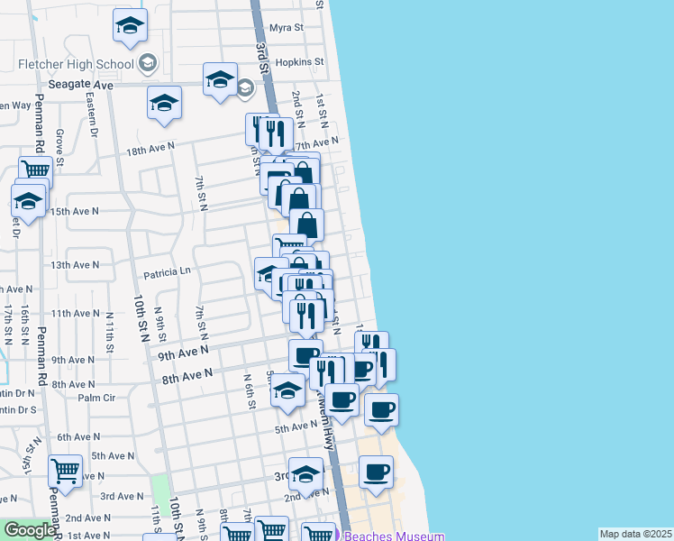 map of restaurants, bars, coffee shops, grocery stores, and more near 1218 2nd Street North in Jacksonville Beach