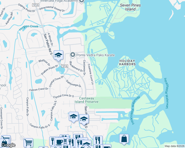 map of restaurants, bars, coffee shops, grocery stores, and more near 2695 Treasure Cove Lane in Jacksonville