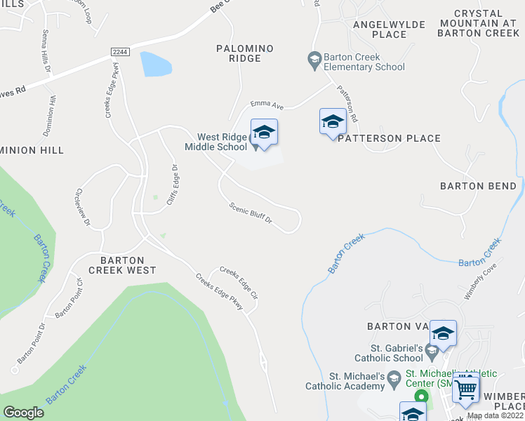 map of restaurants, bars, coffee shops, grocery stores, and more near 9273 Scenic Bluff Drive in Austin