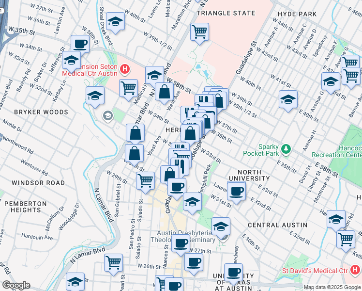 map of restaurants, bars, coffee shops, grocery stores, and more near 612 West 32nd Street in Austin