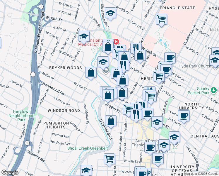 map of restaurants, bars, coffee shops, grocery stores, and more near 1102 Belmont Pkwy in Austin