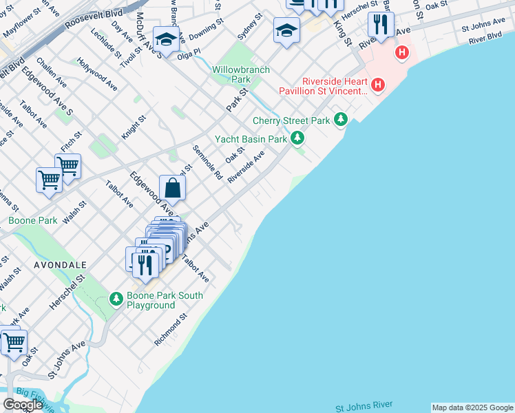 map of restaurants, bars, coffee shops, grocery stores, and more near 1848 Elizabeth Place in Jacksonville
