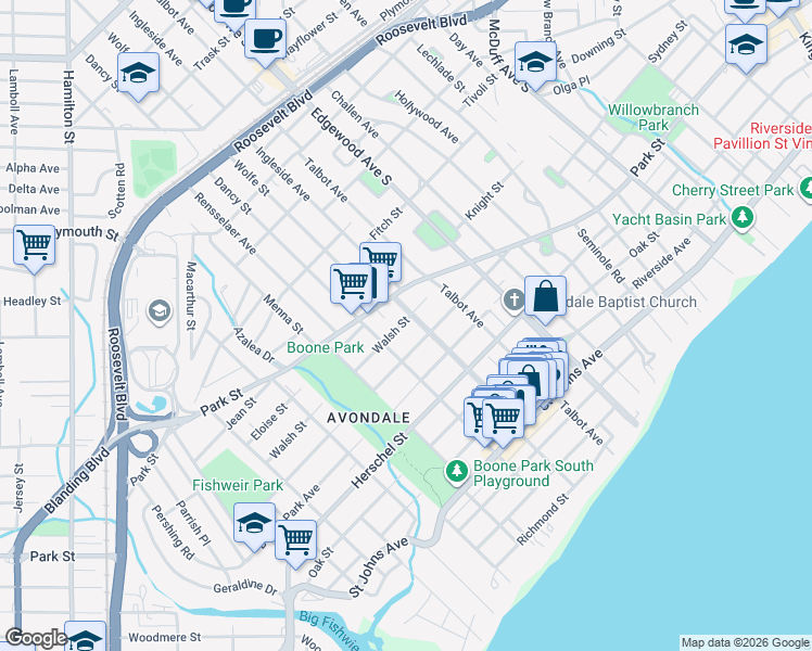 map of restaurants, bars, coffee shops, grocery stores, and more near 3632 Park Street in Jacksonville