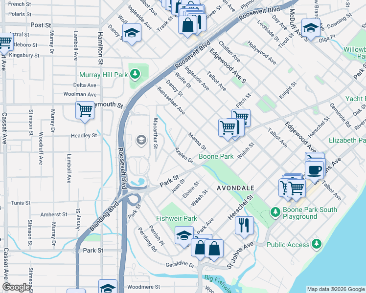 map of restaurants, bars, coffee shops, grocery stores, and more near 1357 Azalea Drive in Jacksonville