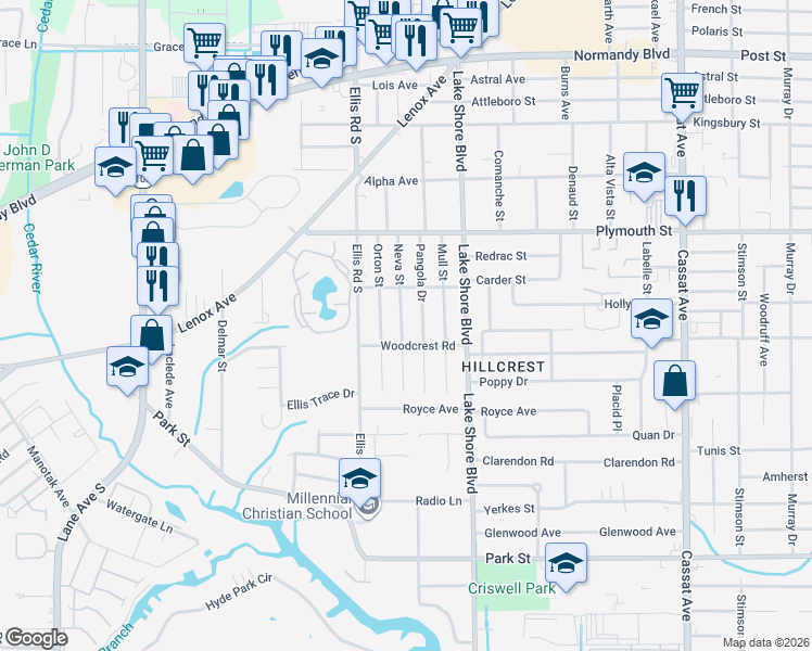 map of restaurants, bars, coffee shops, grocery stores, and more near 1274 Pangola Drive in Jacksonville