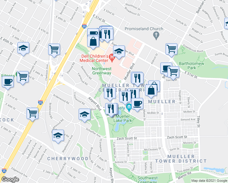 map of restaurants, bars, coffee shops, grocery stores, and more near 4646 Mueller Boulevard in Austin