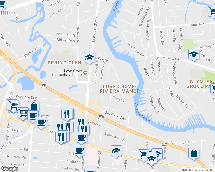 map of restaurants, bars, coffee shops, grocery stores, and more near 6115 Riviera Manor Drive in Jacksonville