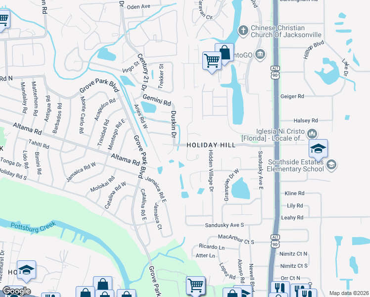 map of restaurants, bars, coffee shops, grocery stores, and more near 2502 Townsquare Drive in Jacksonville
