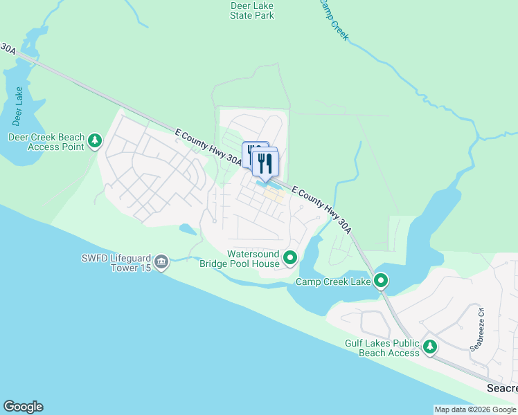 map of restaurants, bars, coffee shops, grocery stores, and more near 20 Federal Street in Rosemary Beach