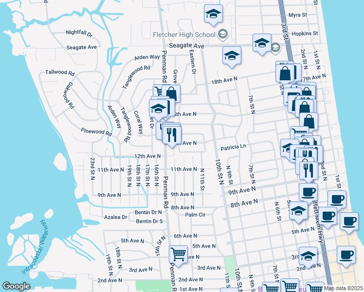 map of restaurants, bars, coffee shops, grocery stores, and more near 1312 13th Avenue North in Jacksonville Beach