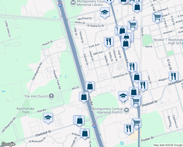 map of restaurants, bars, coffee shops, grocery stores, and more near 606 Garrett Street in Conroe