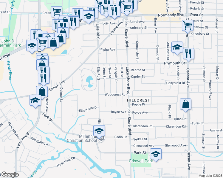 map of restaurants, bars, coffee shops, grocery stores, and more near 1274 Pangola Drive in Jacksonville