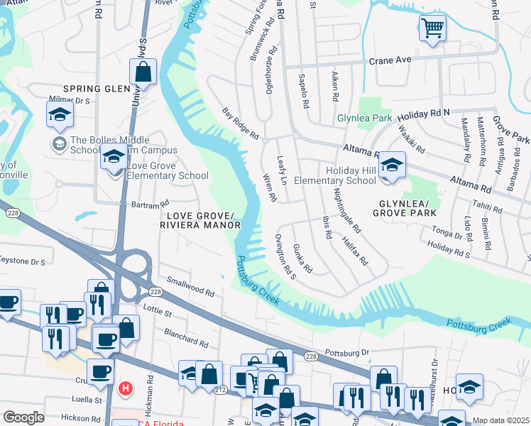 map of restaurants, bars, coffee shops, grocery stores, and more near 874 Wren Road in Jacksonville