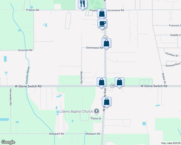 map of restaurants, bars, coffee shops, grocery stores, and more near 409 Rue Colombe in Carencro