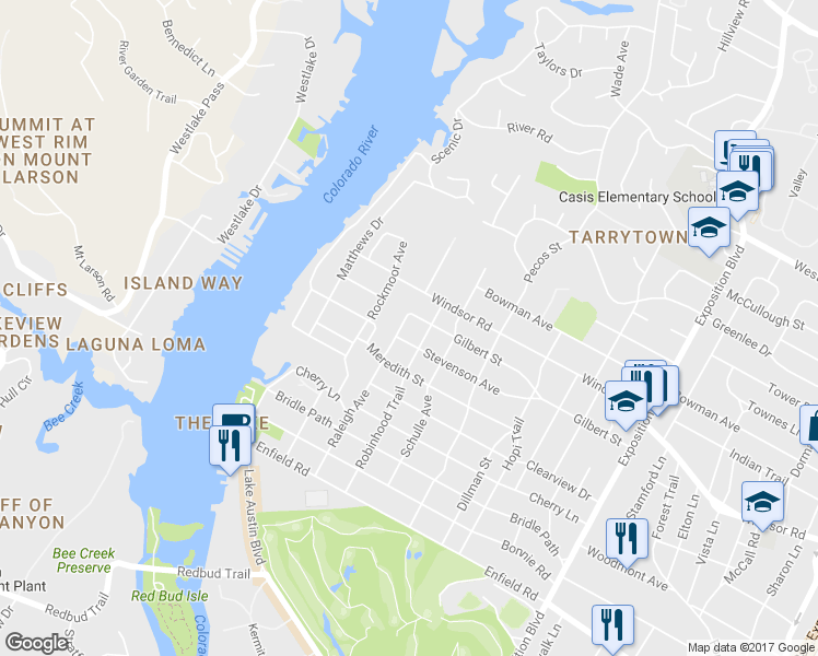 map of restaurants, bars, coffee shops, grocery stores, and more near 2103 Raleigh Avenue in Austin