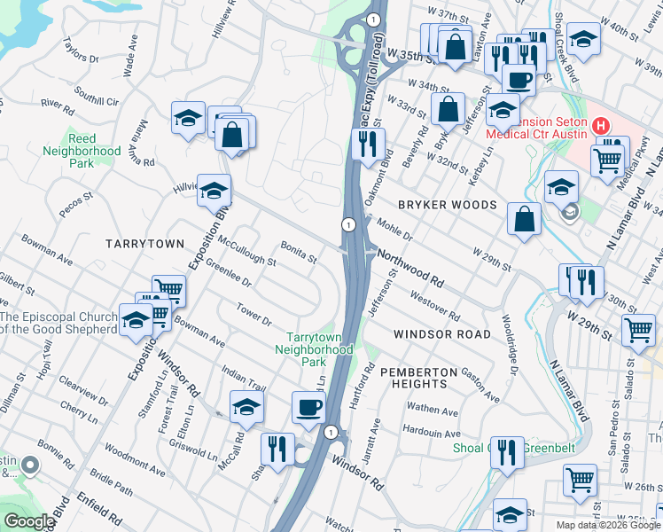 map of restaurants, bars, coffee shops, grocery stores, and more near 37 Margranita Crescent in Austin
