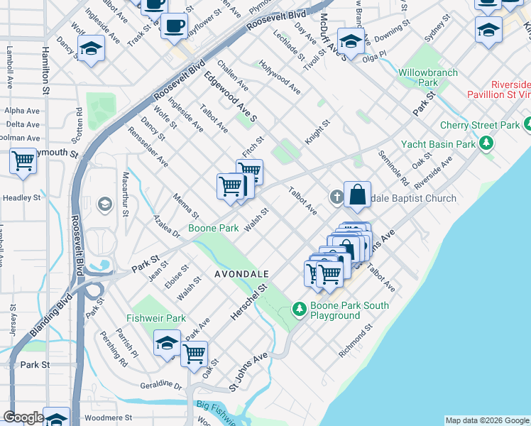 map of restaurants, bars, coffee shops, grocery stores, and more near 3632 Park Street in Jacksonville