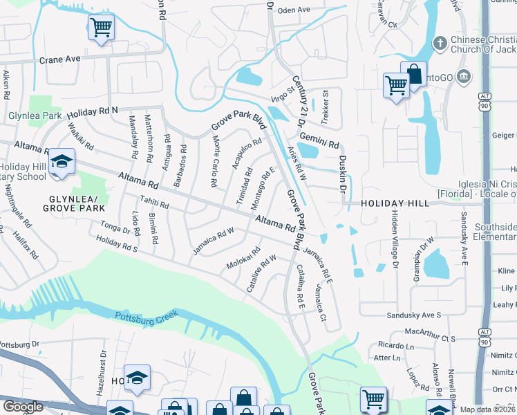 map of restaurants, bars, coffee shops, grocery stores, and more near 879 Montego Road East in Jacksonville