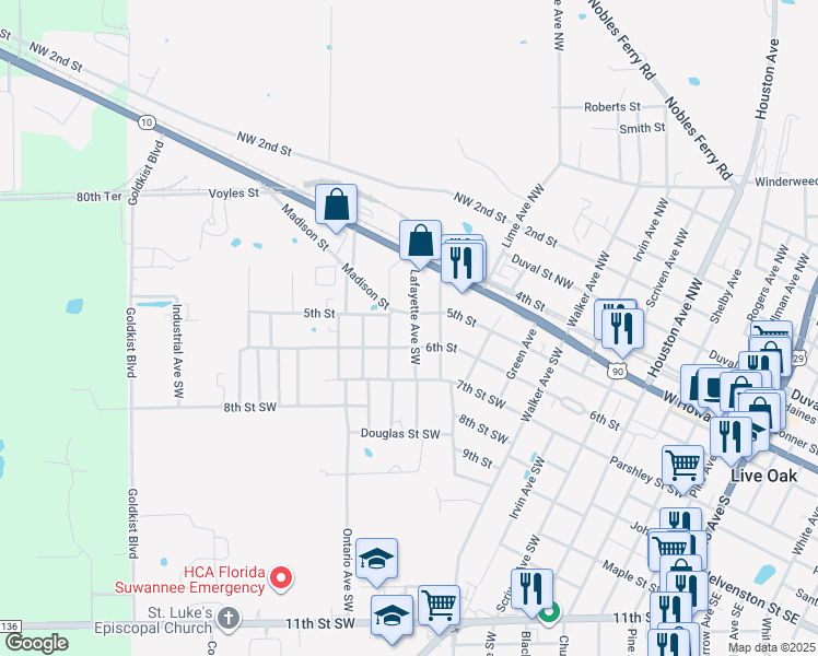 map of restaurants, bars, coffee shops, grocery stores, and more near 210 Lafayette Avenue Southwest in Live Oak